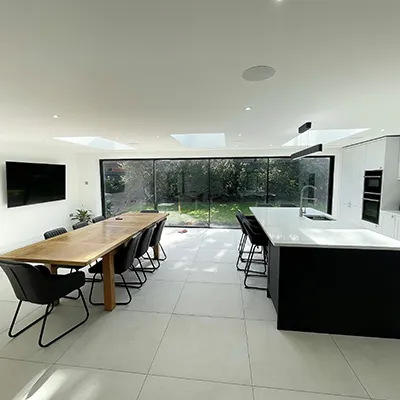 large kitchen with green outside area